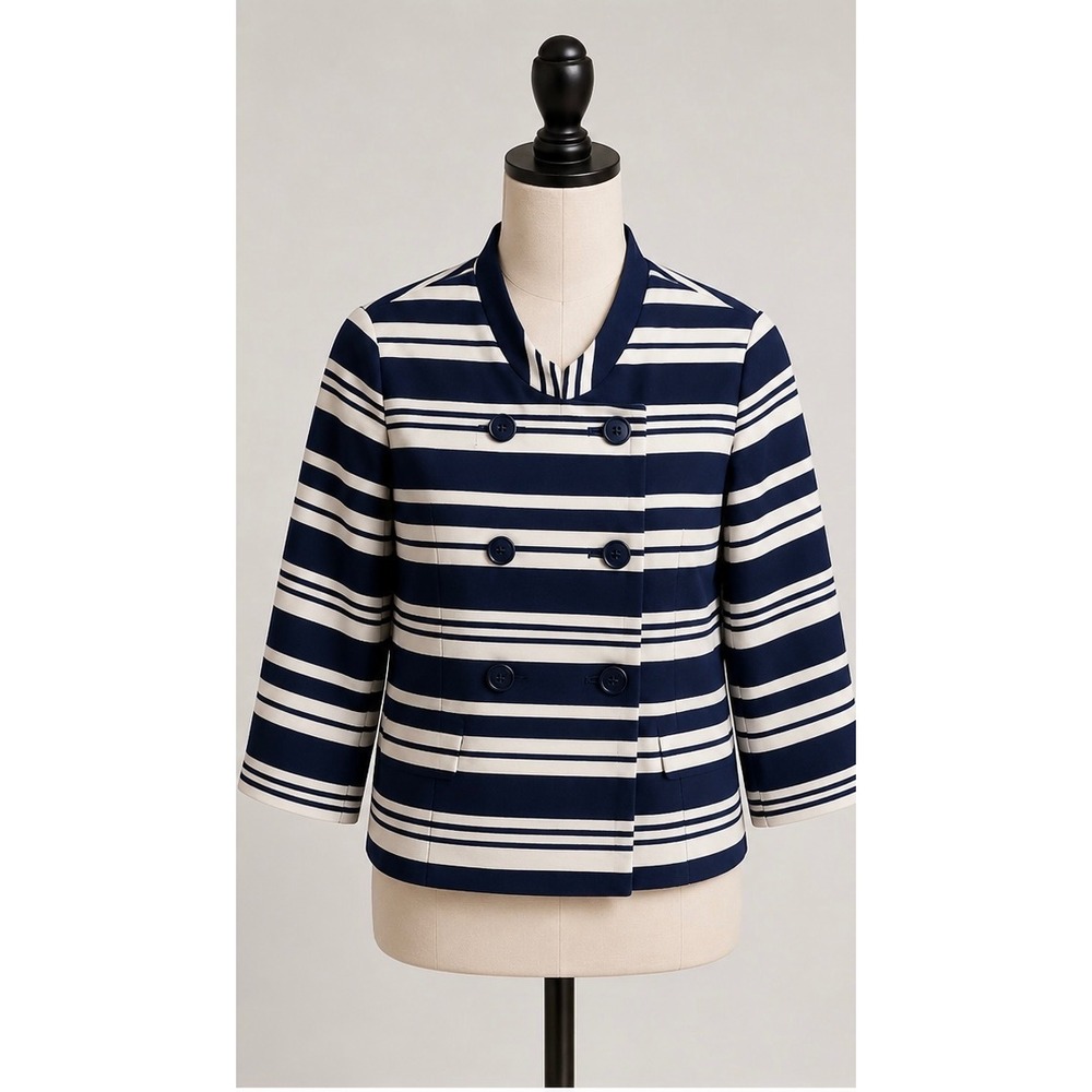 Talbots Womens Navy Blue White Striped Double Breasted Blazer Jacket Size 6